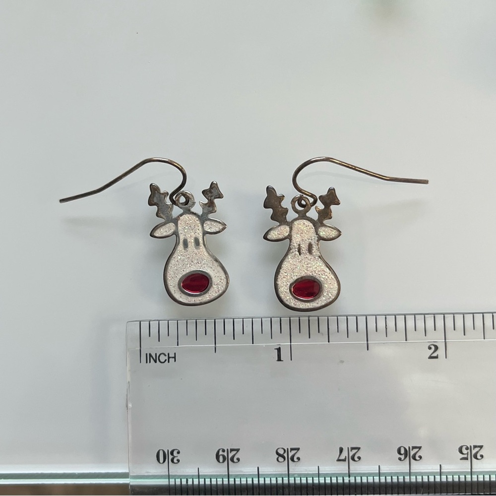 Rudolph Reindeer White Sparkle Earrings with Red Nose